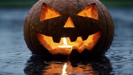 Scary halloween pumpkin jack-o-lantern glowing with a candle inside, covered in water drops from rain. Spooky holiday celebration footage. - Powered by Adobe