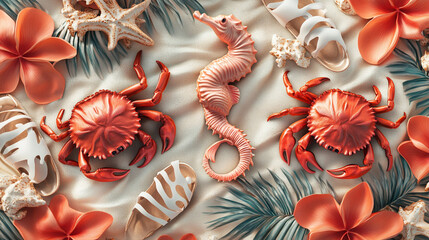 Hyper realistic 3D render of crabs, seahorses, and beach sandals in a playful, seamless repeat pattern, cute boho motifs, soft textures, fabric wallpaper vibe