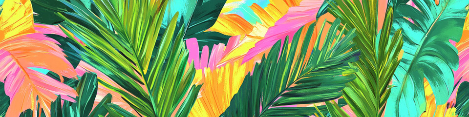 Abstract palm palms in vibrant colors, vivid bright greens, done by hand. Wide banner. 
