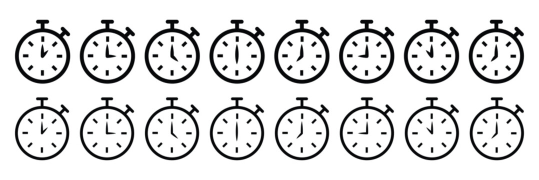 Timers icon set. Stopwatch icons set. Alarm pictogram. Vector illustration