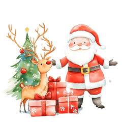 cute santa claus with reindeer and christmas tree - festive holiday art isolated on transparent background