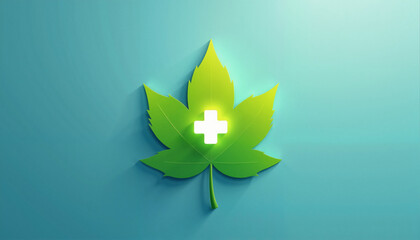 Green leaf with medical cross symbol on blue background  