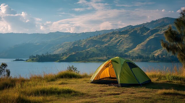 Camping picnic green tent campground in outdoor park lake, camper while campsite in mountain and lake nature background at summer trip camp .