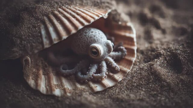 Tiny octopus seeks shelter within a scallop shell on golden sand creating a captivating beach scene
