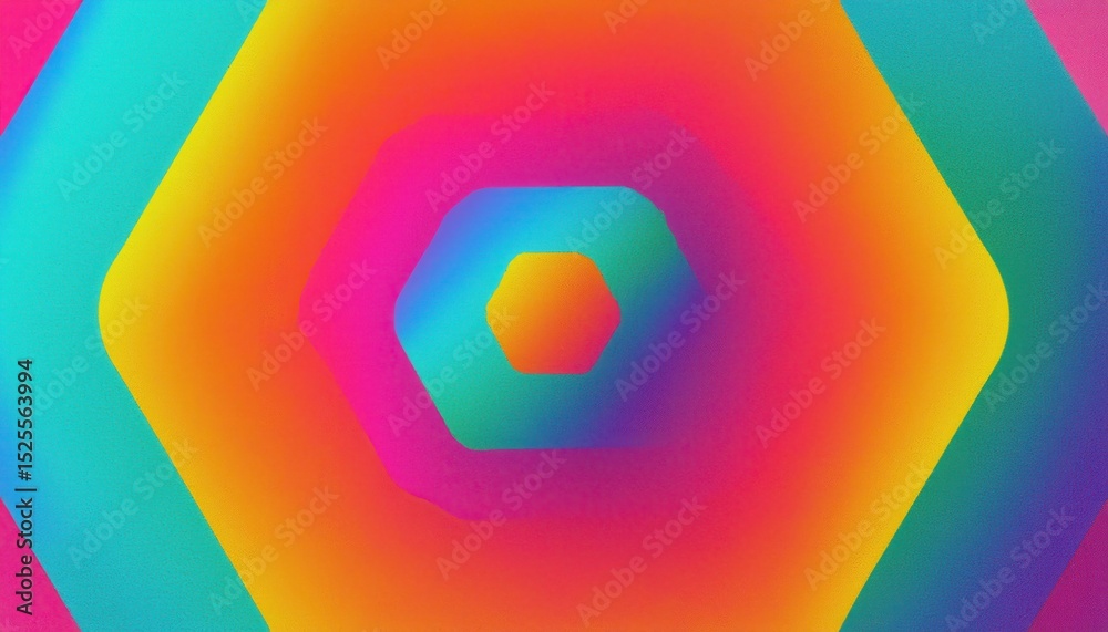Poster vibrant layered hexagon tunnel in rainbow gradient with glowing neon texture for futuristic web desi
