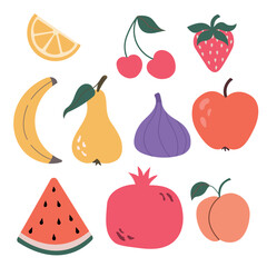 Set of different fruits and berries stickers. Collection of organic vitamins and healthy nutrition. Watermelon, banana, peach, apple, cherry, pear, grapes, lemon. Flat design, doodle style. Vector