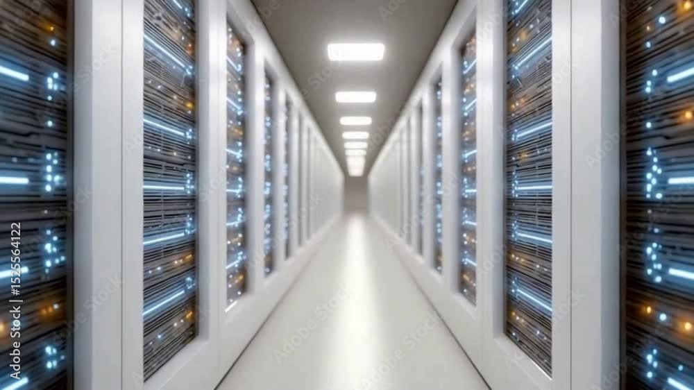 Poster Data Center Corridor: A mesmerizing visual journey down the pristine corridor of a state-of-the-art data center, where rows of servers hum with digital life.