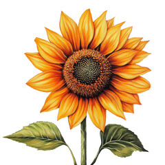 Naklejka premium Vibrant sunflower showcases intricate details with green leaves against a clean Transparent background, Vibrant Sunflower On PNG background