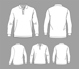 Polo T-shirt vector line drawing template set mockup isolated on white background. Flat technical drawing template. Unisex T-Shirt illustration front, Side and back view. Polo T-shirt Mockup.