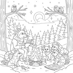 Cartoon Wolves Camping Forest With