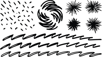 Various hand drawn elements including strokes, spiral, bursts and wavy lines in black and white style