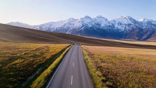 A stunning drone image of a lone road snaking through high-altitude plateaus with patches of wildflowers and alpine grass. Snowy mountains loom in the background,