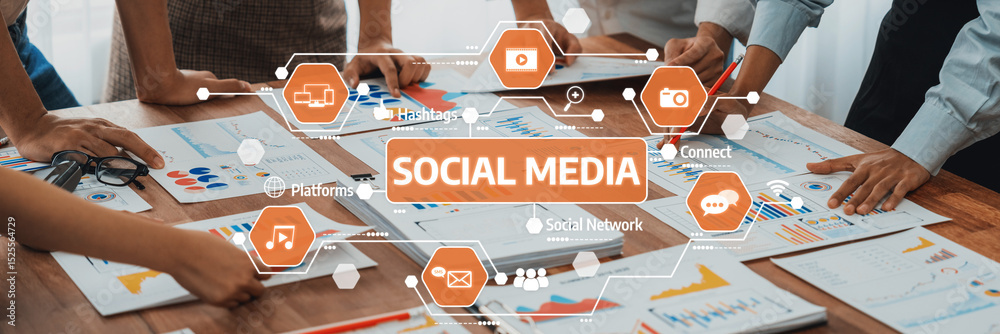 Poster Professionals collaborate on social media strategies using charts and graphs. This image showcases teamwork and innovative planning in a dynamic office environment. Amity