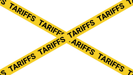 Diagonal yellow warning tape with tariffs text crossed in center on transparent background. Trade barriers, policy enforcement, economic conflict, import restrictions, global commerce tension