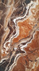 Rich brown marble with white and amber veins
