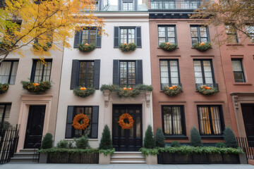 Fototapeta premium Townhouses decorated with orange pumpkins and autumnal wreaths on windows and doors