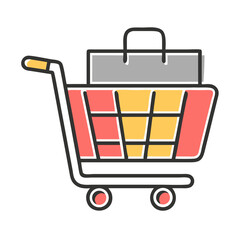 A vibrant shopping cart icon perfect for e-commerce branding design featuring a colorful shopping bag and scalable elements for logo creation.