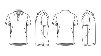 Polo T-shirt vector line drawing template set mockup isolated on white background. Flat technical drawing template. Unisex T-Shirt illustration front, Side and back view. Polo T-shirt Mockup.