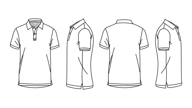 Polo T-shirt vector line drawing template set mockup isolated on white background. Flat technical drawing template. Unisex T-Shirt illustration front, Side and back view. Polo T-shirt Mockup.