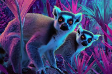 Obraz premium Two Lemurs with Luminous Eyes Surrounded by Neon-Pink Jungle Foliage in a Fantastical Night Scene Blending Wildlife and Surreal Colors in a Mystical Bioluminescent Forest