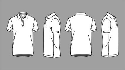 Polo T-shirt vector line drawing template set mockup isolated on white background. Flat technical drawing template. Unisex T-Shirt illustration front, Side and back view. Polo T-shirt Mockup.
