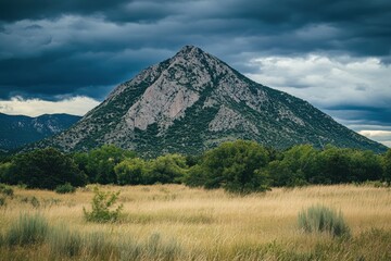 Fototapeta premium Cloudy mountain landscape surrounded by tall grass under a dramatic sky close to late afternoon, Mountain on cloudy day