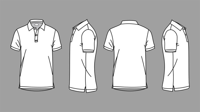 Polo T-shirt vector line drawing template set mockup isolated on white background. Flat technical drawing template. Unisex T-Shirt illustration front, Side and back view. Polo T-shirt Mockup.