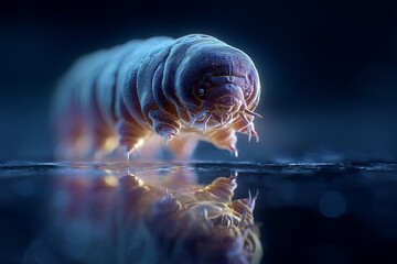 Highly Detailed Macro Image of a Tardigrade Crawling Across a Reflective Surface, Showcasing Its Translucent Body, Tiny Limbs, and Resilient Structure in an Ethereal Blue Light Environment