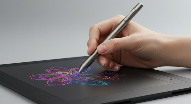 A hand using a stylus to draw colorful shapes on a digital tablet.