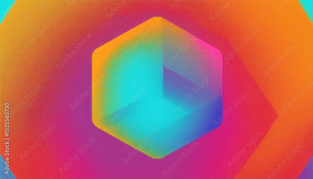 Poster  vibrant layered hexagon tunnel in rainbow gradient with glowing neon texture for futuristic web design, abstract branding, and bold digital print media