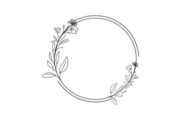 Floral Circle Wreath Frame - Botanical Line Drawing