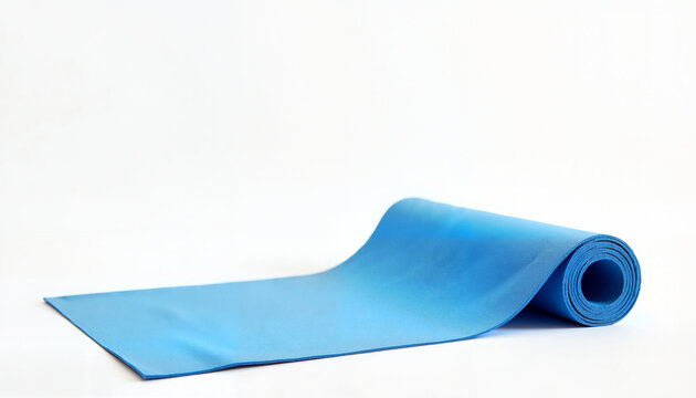 Blue yoga mat unrolled on a clean white background  