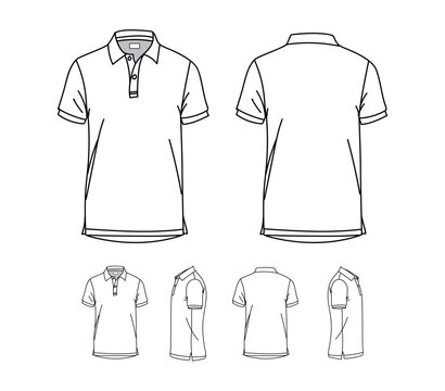 Polo T-shirt vector line drawing template set mockup isolated on white background. Flat technical drawing template. Unisex T-Shirt illustration front, Side and back view. Polo T-shirt Mockup.