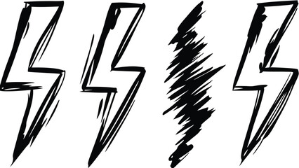 Four black and white lightning bolt illustrations with a hand drawn or sketch like appearance shown here