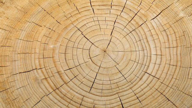 Close up of a tree trunk showing its rings and wood grain pattern