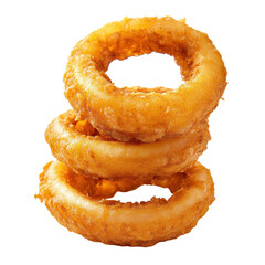 Crispy fried onion rings stacked on a white background for delicious snacking or side dish, fried onion rings isolated on white background