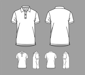 Polo T-shirt vector line drawing template set mockup isolated on white background. Flat technical drawing template. Unisex T-Shirt illustration front, Side and back view. Polo T-shirt Mockup.