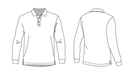 Polo T-shirt vector line drawing template set mockup isolated on white background. Flat technical drawing template. Unisex T-Shirt illustration front, Side and back view. Polo T-shirt Mockup.