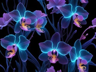 Mesmerizing Cluster of Glowing Orchids with Translucent Petals in Radiant Colors, Styled in Kirlian Electrography with Dreamlike Light Effects
