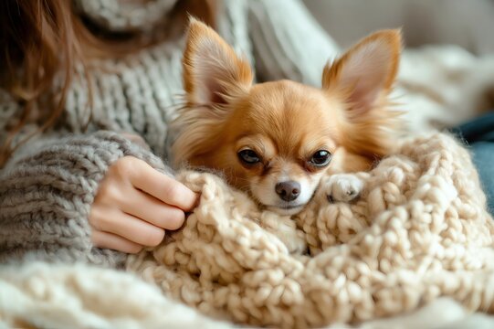Cozy chihuahua dog wrapped in a soft, chunky knit blanket, held by a woman wearing a warm sweater - Powered by Adobe