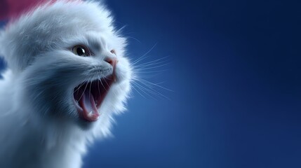 White Persian cat with open mouth showing fangs against dark blue background, dramatic side lighting creates mysterious atmosphere for pet photography and advertising.