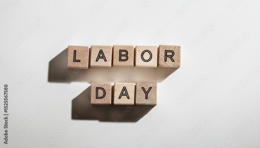 Poster wooden blocks spelling labor day in natural light casting soft shadows on white textured background,