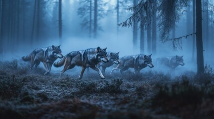 Fototapeta premium Wolves in a Misty Forest: A Pack's Silent Prowl