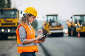 Civil engineer working on a tablet beside road rollers, overseeing essential road construction activities and ensuring project efficiency