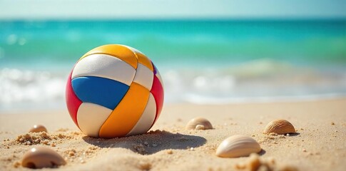 Obraz premium A vibrant volleyball rests on a sun-drenched beach, surrounded by seashells and gentle waves, embodying the spirit of summer and outdoor recreation , net, sun, wellness