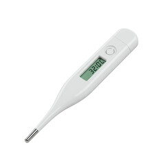 Modern sleek digital oral thermometer with matte white plastic body, LCD display, silver probe, isolated on seamless transparent background, no shadows, ultra realistic, professional medical equipment