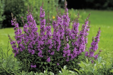 Obraz premium Purple loosestrife swaying gently in the breeze under a sunny sky in a garden setting, Purple loosestrife (Lythrum_Salicaria) swaying in the wind with blurred green background