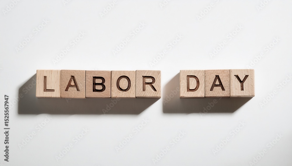 Poster wooden blocks spelling labor day in natural light casting soft shadows on white textured background,