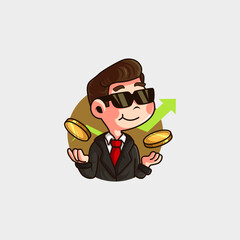 cute cartoon mascot logo of a man in a suit, neat hair and sunglasses, rich teaching about business, earning gold coins