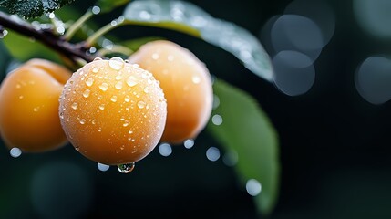 Fresh ripe kumquats with water drops on dark background, macro shot showing juicy citrus fruits and green leaves in natural morning light.